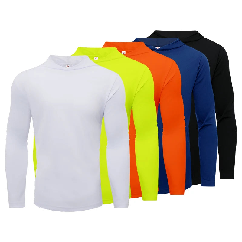 5pcs Men's T-shirt Sports Long Sleeved Shirts Hooded Solid Color Breathable Casual Shirt Suitable for Running And Fitness