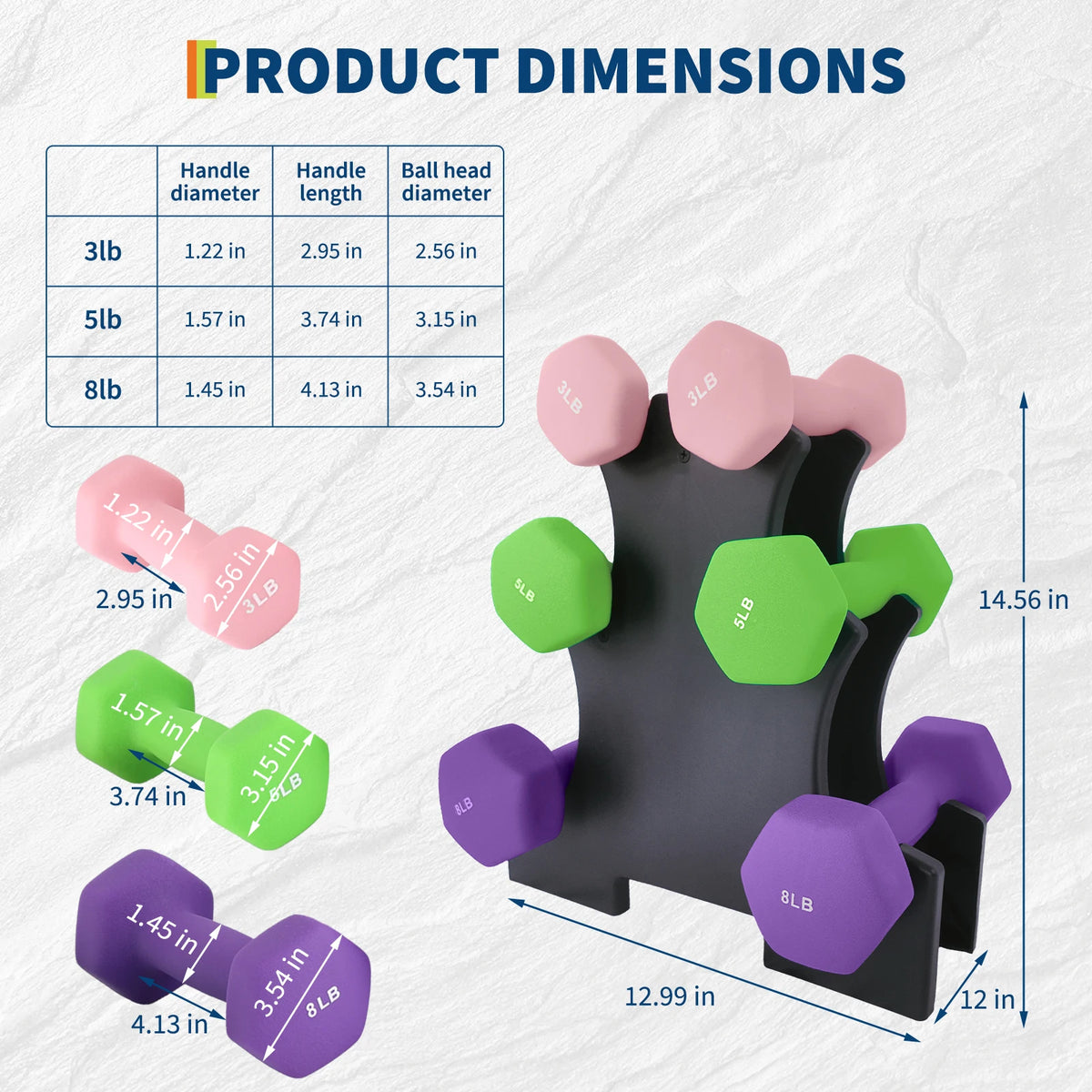 Neoprene Dumbbell Set for Women and Men | Multi-color Free Hand Weights Set with Box/Rack Storage