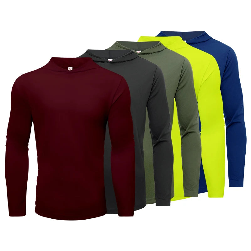 5pcs Men's T-shirt Sports Long Sleeved Shirts Hooded Solid Color Breathable Casual Shirt Suitable for Running And Fitness