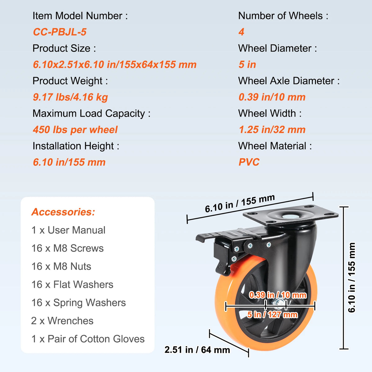 2/3/4/5/6in 4pcs Caster Wheels Swivel Plate Casters with A/B Locking No Noise PVC Wheels for Cart Furniture Workbench