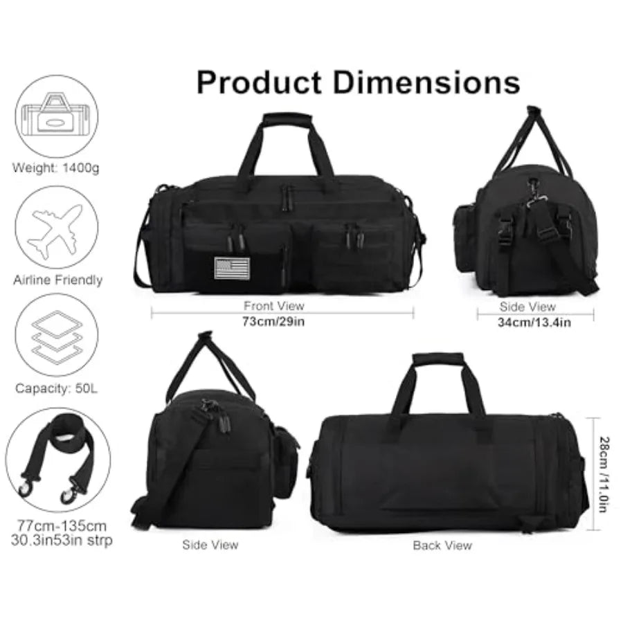 50L Tactical Duffle Bag for Men, 3-in-1 Gym Duffle and Backpack, Shoe Compartment, Laptop Sleeve and MOLLE, Carry-On Travel Wee
