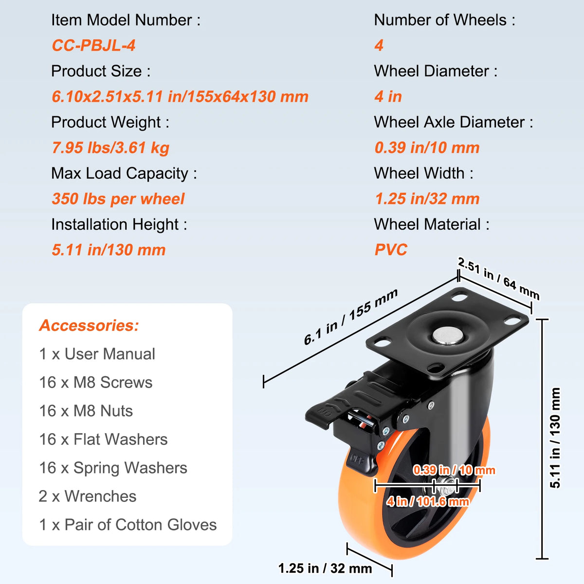 2/3/4/5/6in 4pcs Caster Wheels Swivel Plate Casters with A/B Locking No Noise PVC Wheels for Cart Furniture Workbench