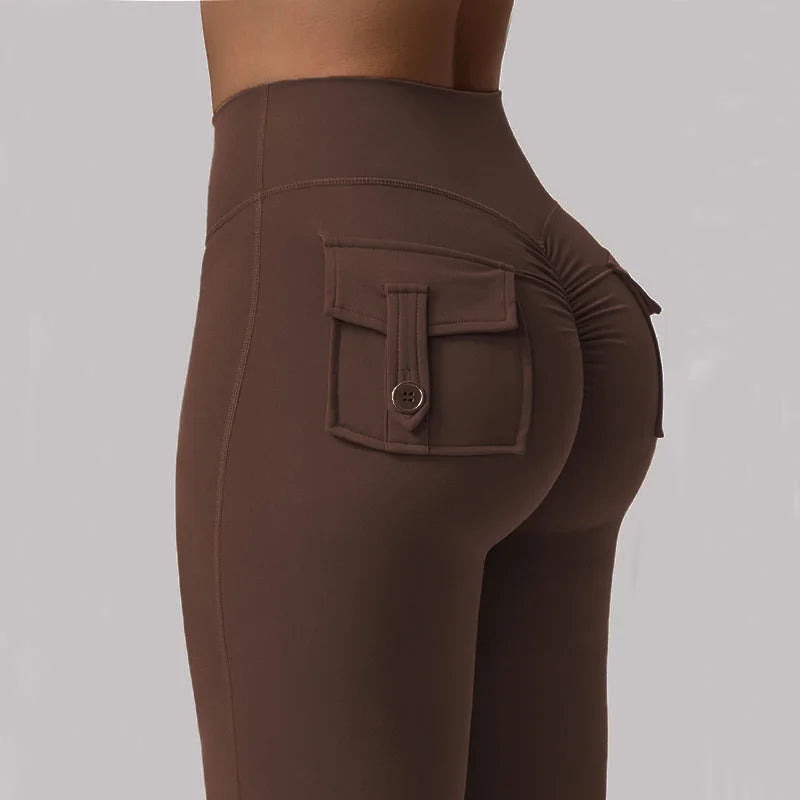 Women's Yoga Flare Trousers, High-Waisted Tummy-Control Wide-Leg Trousers Outdoor Casual Leggings with Pockets, Gym Workout Trou
