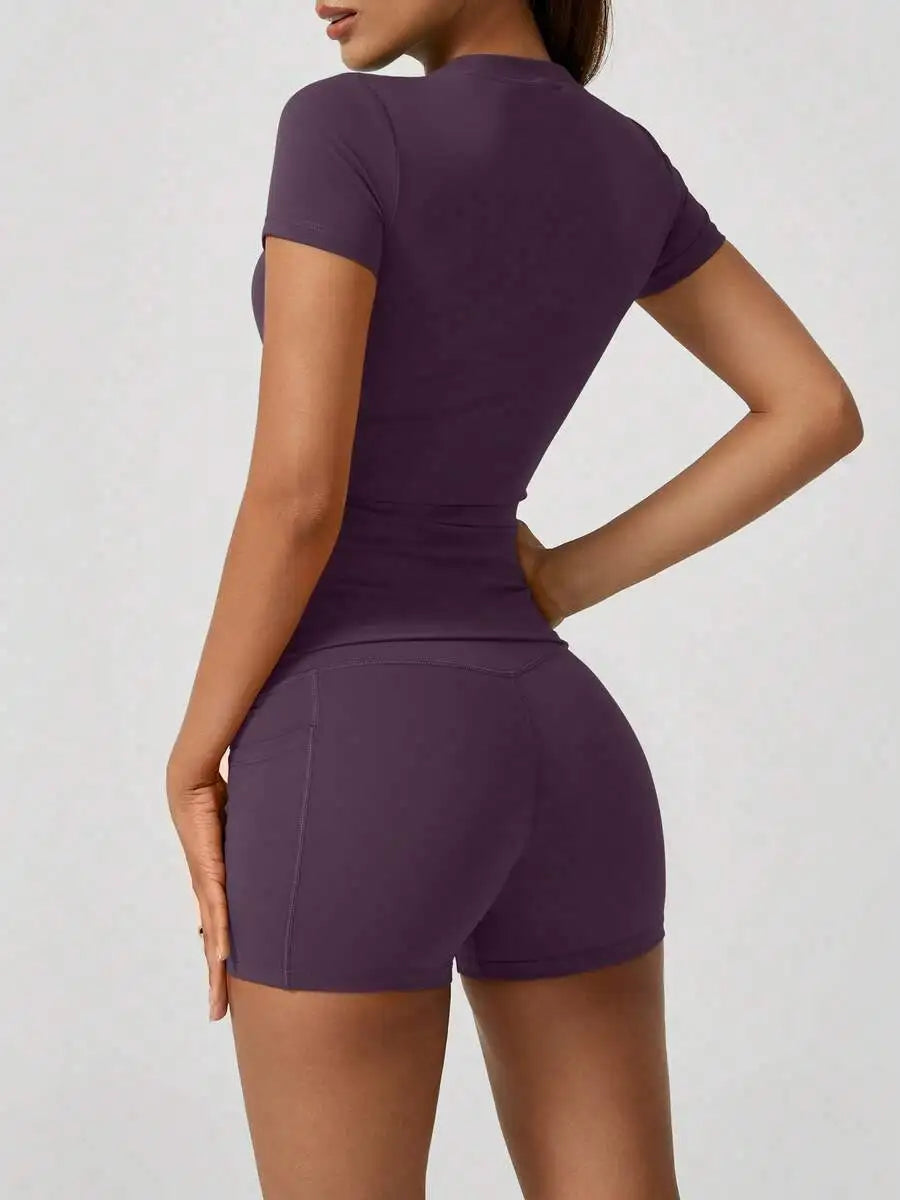 Women's Sweet Sports Short Sleeve High Waist Tummy Control Butt Lifting Shorts Set