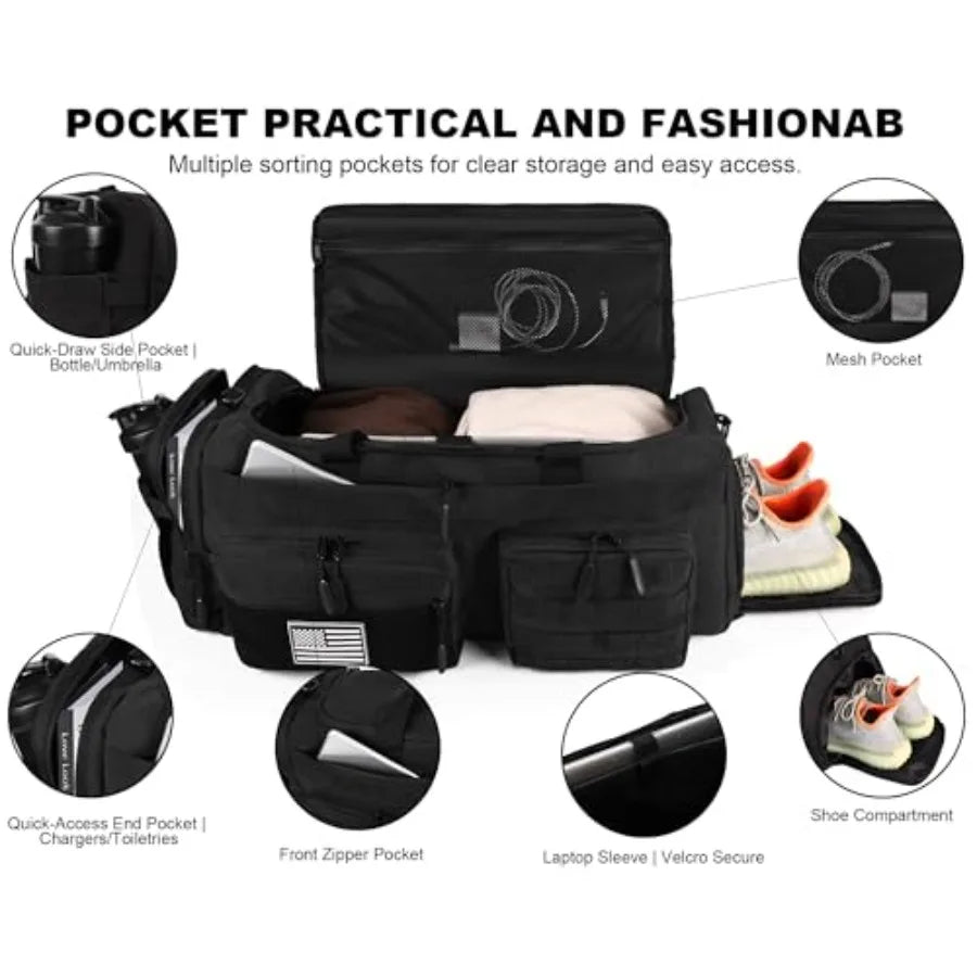 50L Tactical Duffle Bag for Men, 3-in-1 Gym Duffle and Backpack, Shoe Compartment, Laptop Sleeve and MOLLE, Carry-On Travel Wee