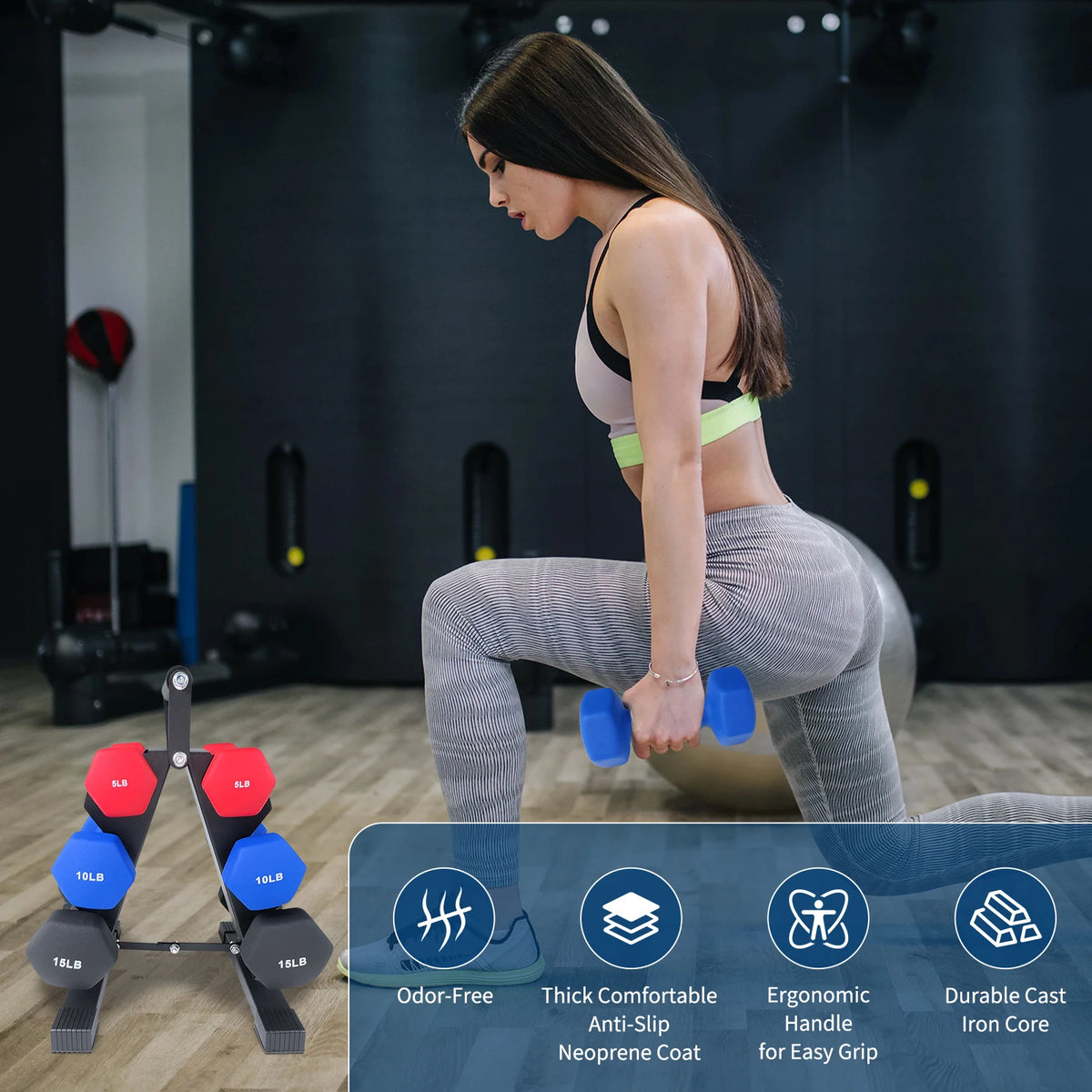 Neoprene Dumbbell Set for Women and Men | Multi-color Free Hand Weights Set with Box/Rack Storage