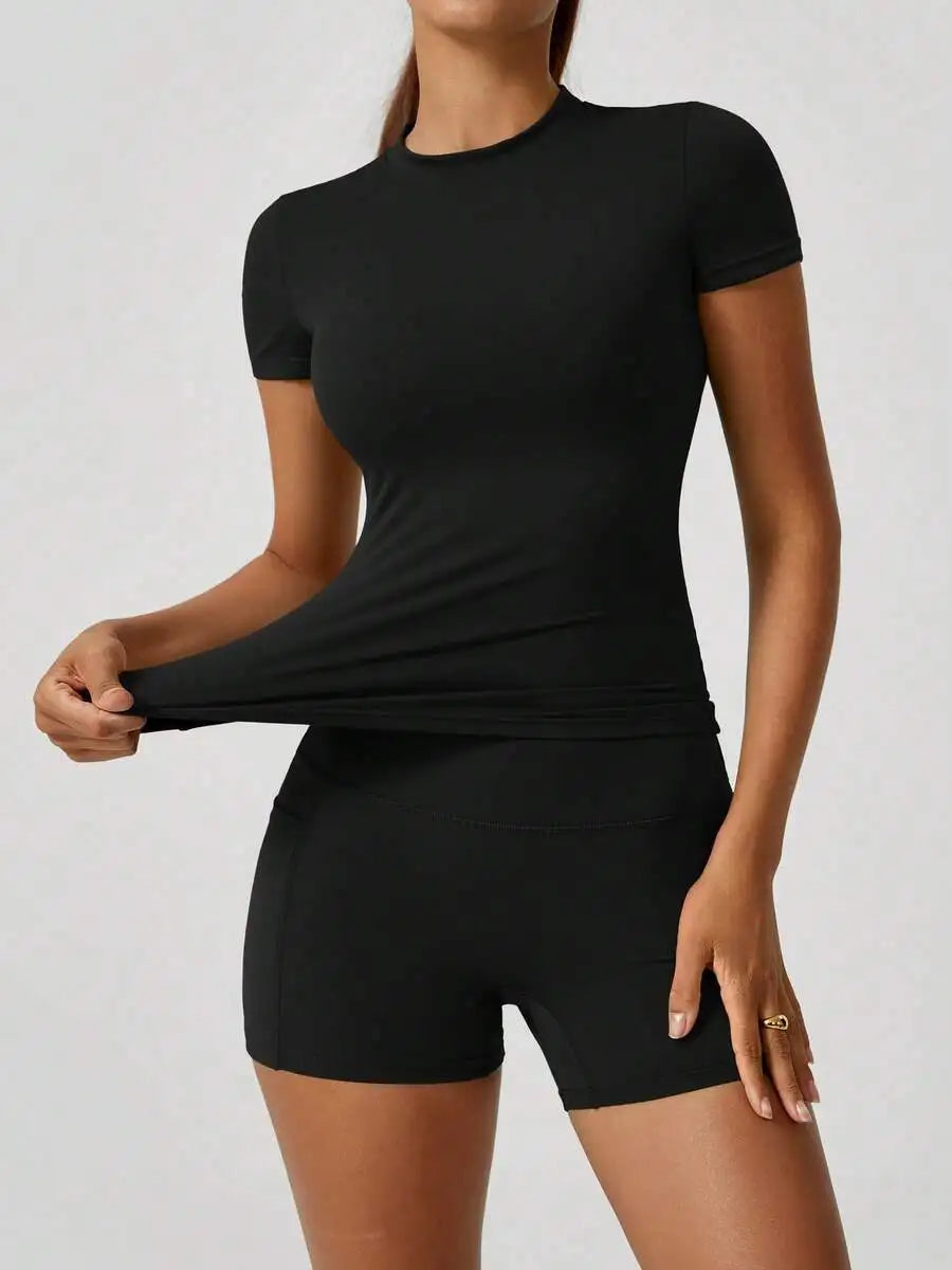 Women's Sweet Sports Short Sleeve High Waist Tummy Control Butt Lifting Shorts Set