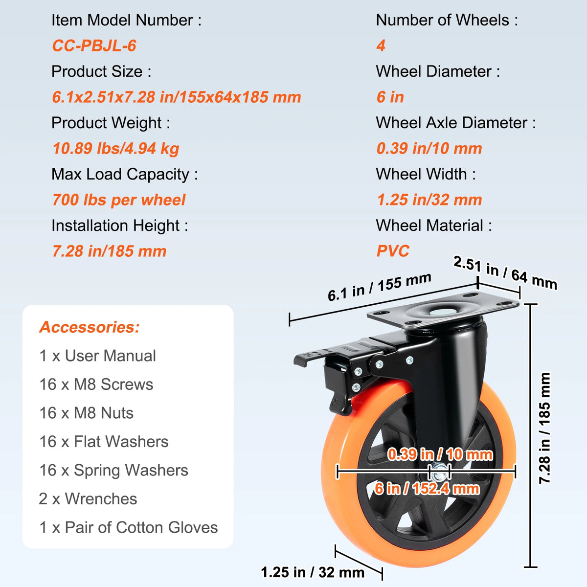 2/3/4/5/6in 4pcs Caster Wheels Swivel Plate Casters with A/B Locking No Noise PVC Wheels for Cart Furniture Workbench