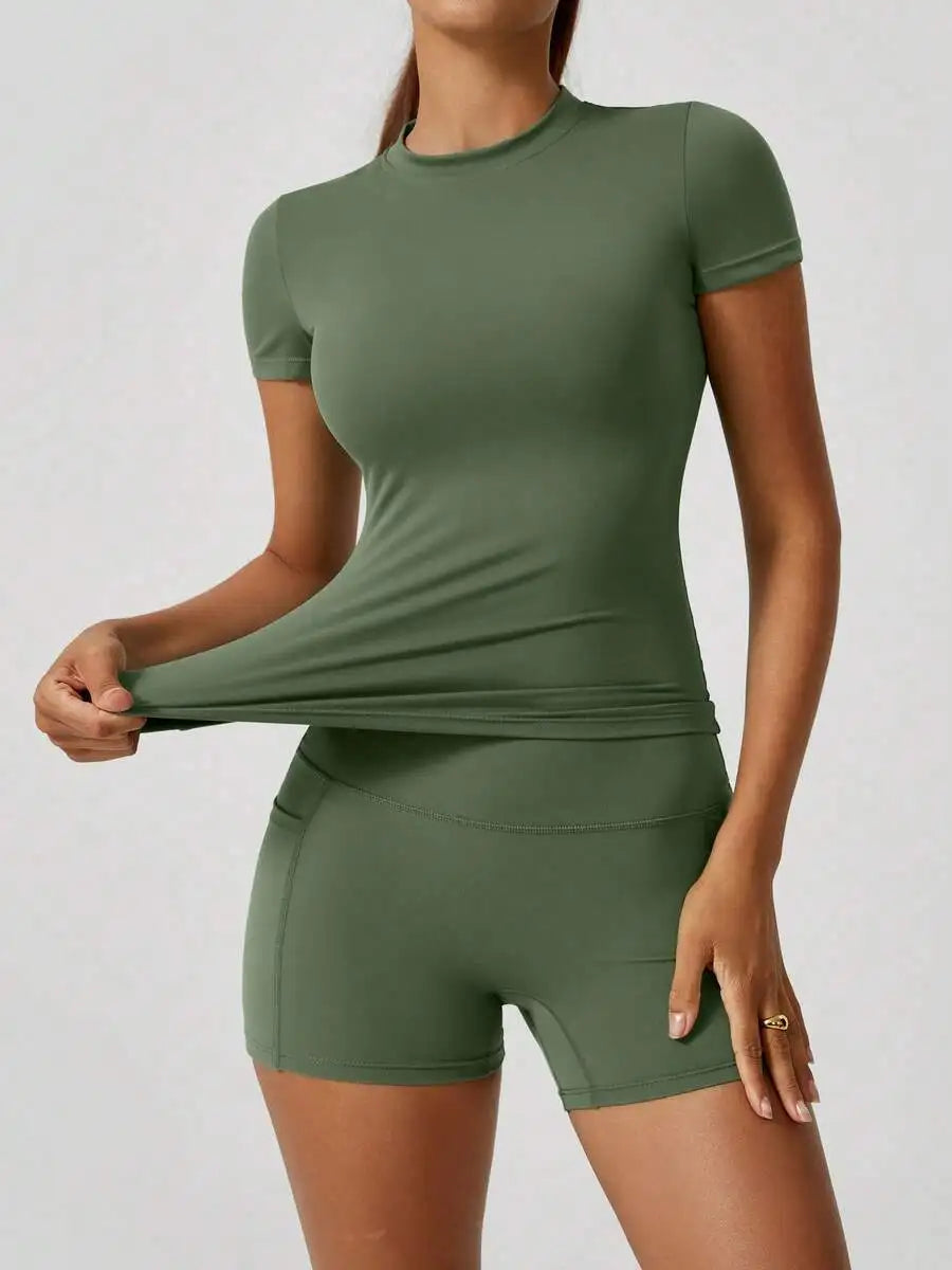 Women's Sweet Sports Short Sleeve High Waist Tummy Control Butt Lifting Shorts Set