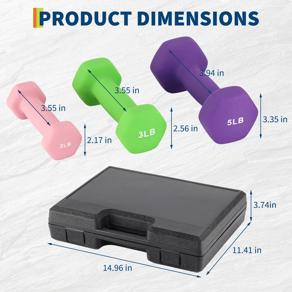 Neoprene Dumbbell Set for Women and Men | Multi-color Free Hand Weights Set with Box/Rack Storage