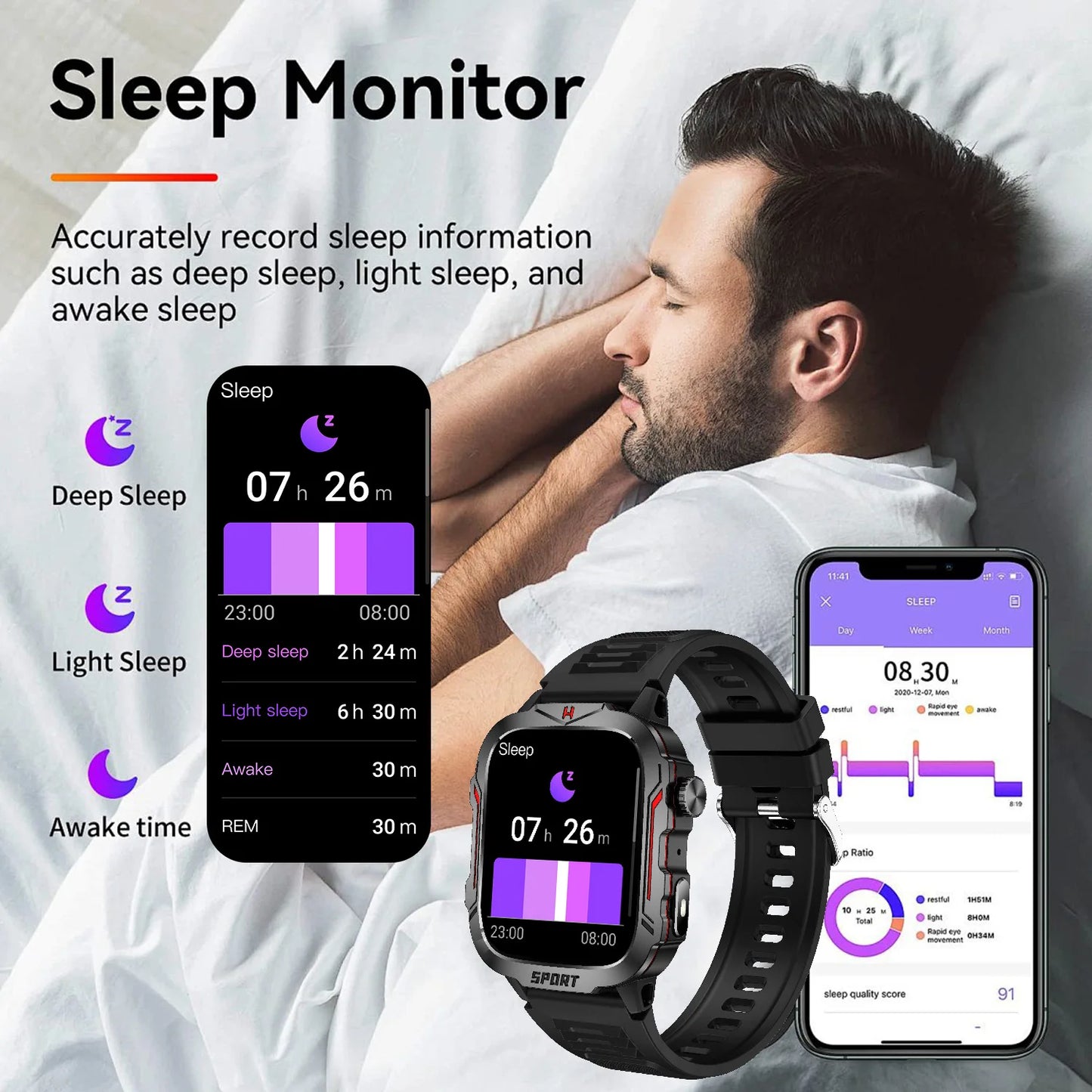 Strong Flashlight Smart Watch for Men/Women, 1.96'' Screen Fitness Tracker with AI Voice Assistant/ Bluetooth Call/ 100+Sports