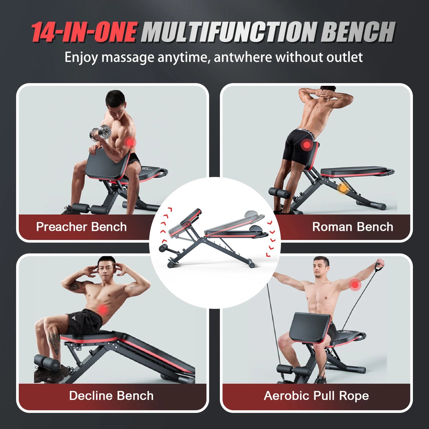 Pre-Assembled Dumbbell Bench Foldable 14-in-1 Multi-function Weight Bench 1000 lbs Capacity 6 Adjustable Incline Levels Training