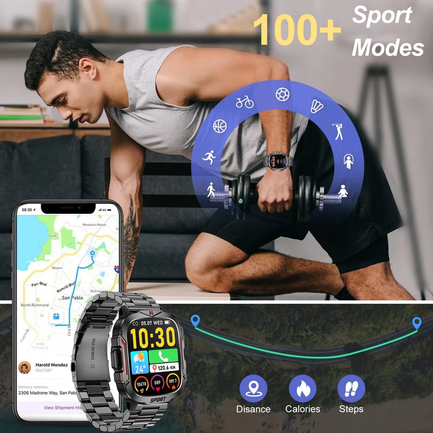 Strong Flashlight Smart Watch for Men/Women, 1.96'' Screen Fitness Tracker with AI Voice Assistant/ Bluetooth Call/ 100+Sports