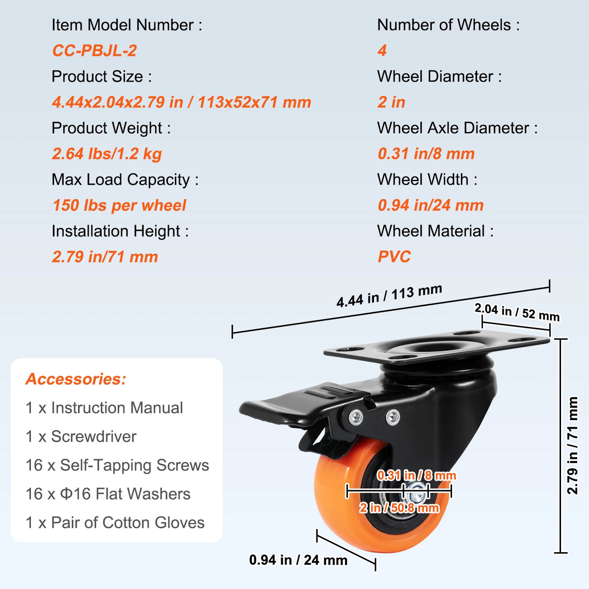 2/3/4/5/6in 4pcs Caster Wheels Swivel Plate Casters with A/B Locking No Noise PVC Wheels for Cart Furniture Workbench