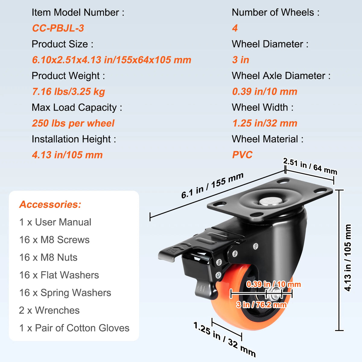 2/3/4/5/6in 4pcs Caster Wheels Swivel Plate Casters with A/B Locking No Noise PVC Wheels for Cart Furniture Workbench