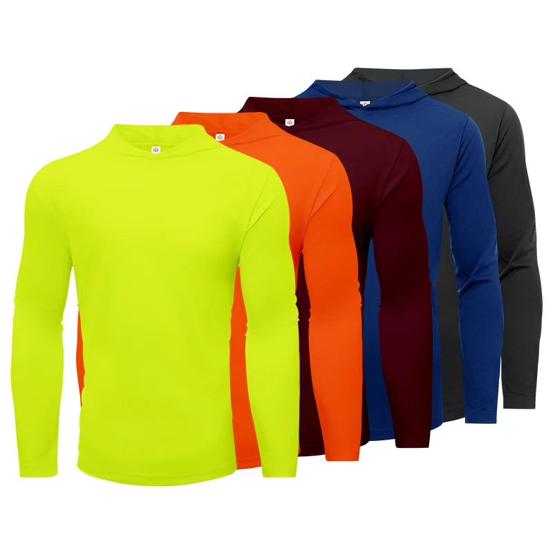 5pcs Men's T-shirt Sports Long Sleeved Shirts Hooded Solid Color Breathable Casual Shirt Suitable for Running And Fitness