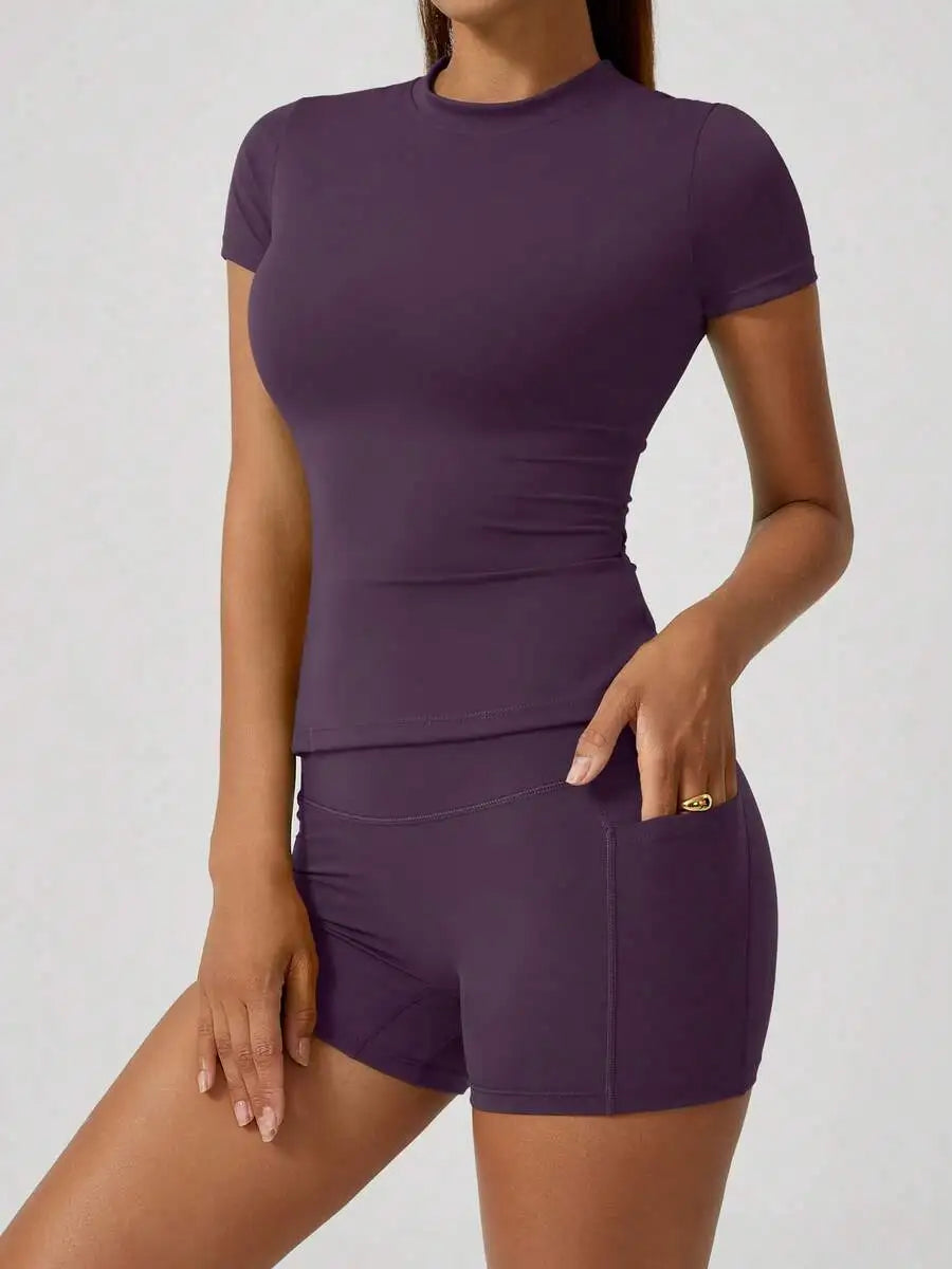 Women's Sweet Sports Short Sleeve High Waist Tummy Control Butt Lifting Shorts Set