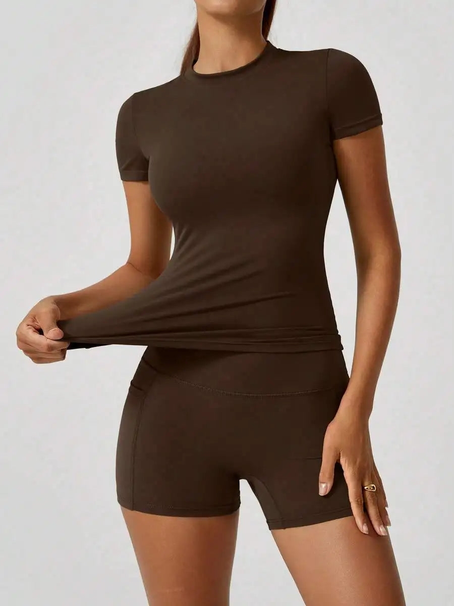 Women's Sweet Sports Short Sleeve High Waist Tummy Control Butt Lifting Shorts Set