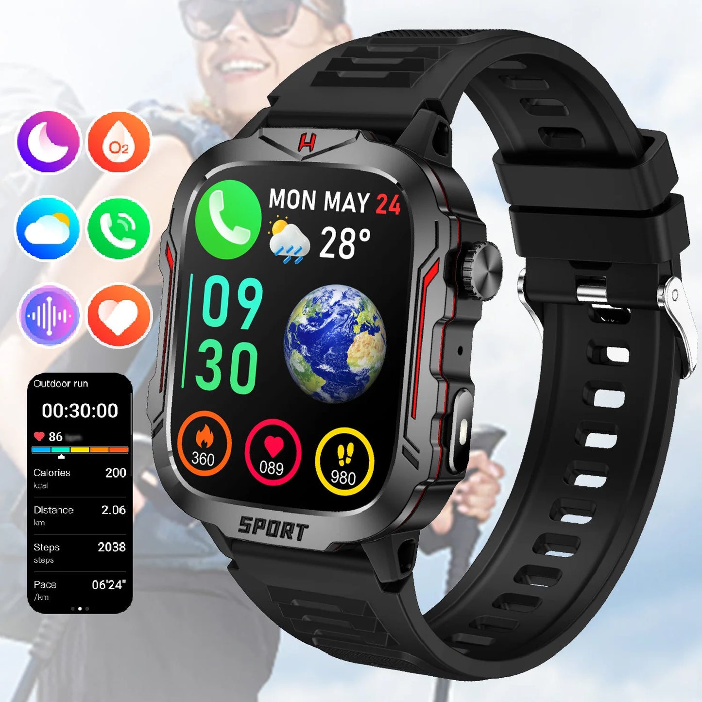 Strong Flashlight Smart Watch for Men/Women, 1.96'' Screen Fitness Tracker with AI Voice Assistant/ Bluetooth Call/ 100+Sports