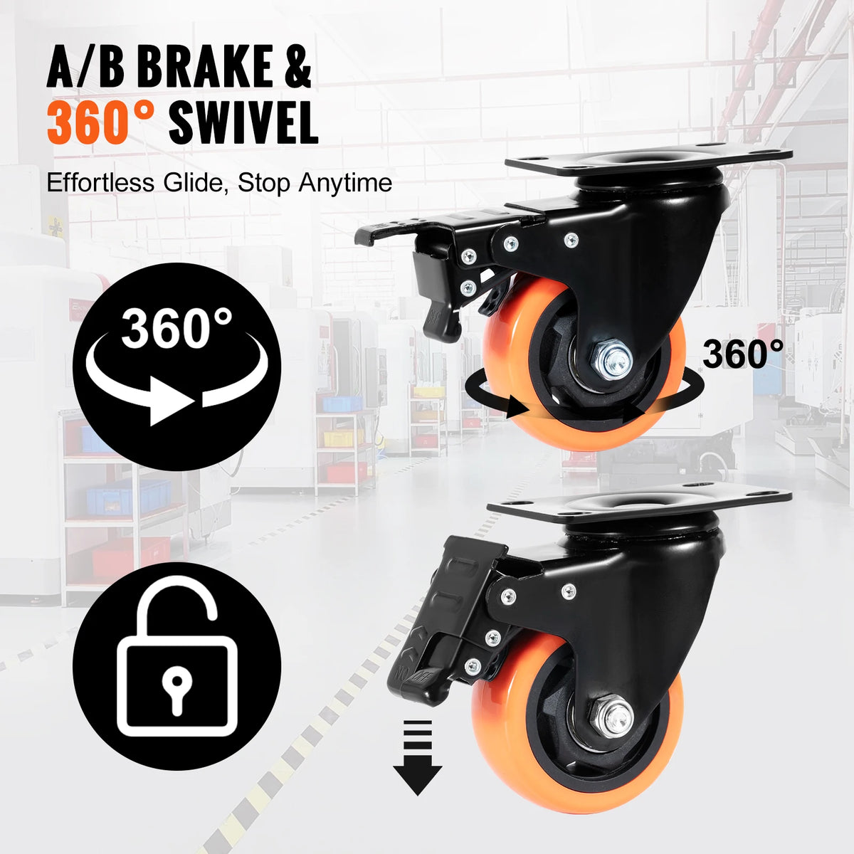 2/3/4/5/6in 4pcs Caster Wheels Swivel Plate Casters with A/B Locking No Noise PVC Wheels for Cart Furniture Workbench