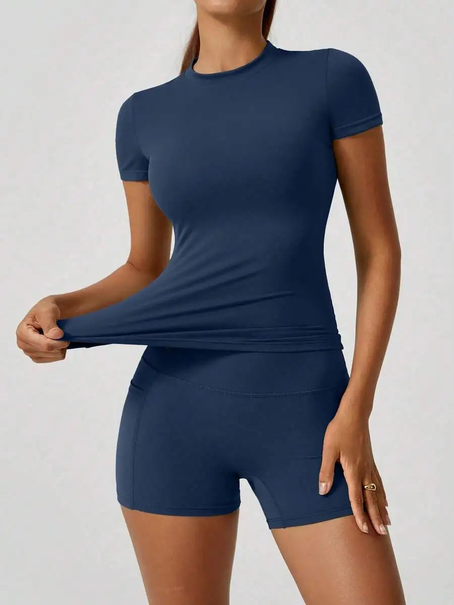 Women's Sweet Sports Short Sleeve High Waist Tummy Control Butt Lifting Shorts Set